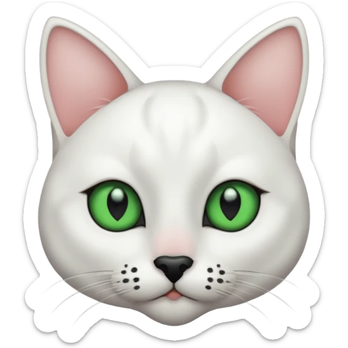 Haz una gata de ojos verdes la cara blanca con mancha negra en las orejas que agarra parte de la frente del lado der pero del iz va desde el ojo hasta la oreja la mancha, tiene la nariz negra en forma de corazón y todo lo que sobra de la cara, barbilla la nariz arriba y el lado de bigotes es blanca sticker