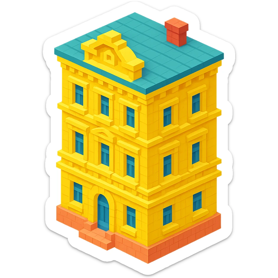 old Saint Petersburg building, yellow pastel facade, ornate details, isometric view sticker
