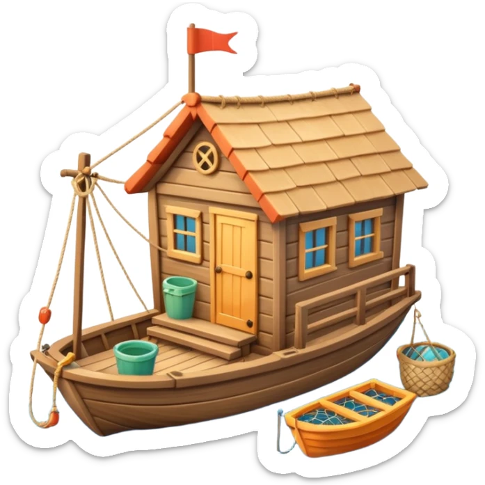 
cute fisherman house, small wooden seaside cabin, fishing nets, fishing boat sign, rope details, warm sunlight, coastal vibe, 3D cartoon, mobile game icon style, soft shadows, clean background, no text, no watermark
 sticker