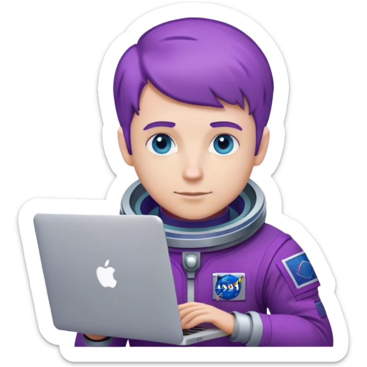 white guy astronaut with purple suit, blue eyes, short purple hair and one macbook sticker
