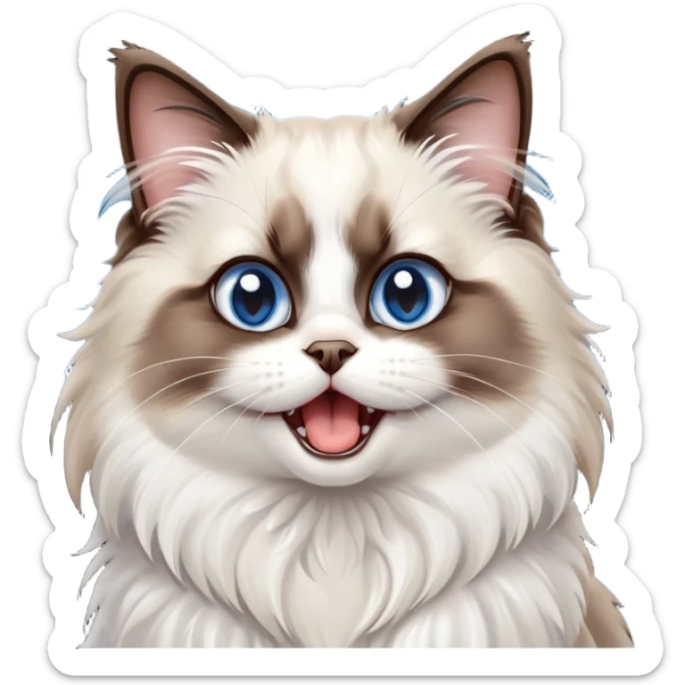 cinematic-adorable-big-eyed-fluffy-dark brown and white ragdoll-cat-portrait-emoji,-head-tilted-playfully-with-a-cute,-yawn,-soft-brown-and white-colored-fur-with-darker-points-on-the-ears,-simplified-yet-irresistibly-cute-features, sparkling blue eyes sticker