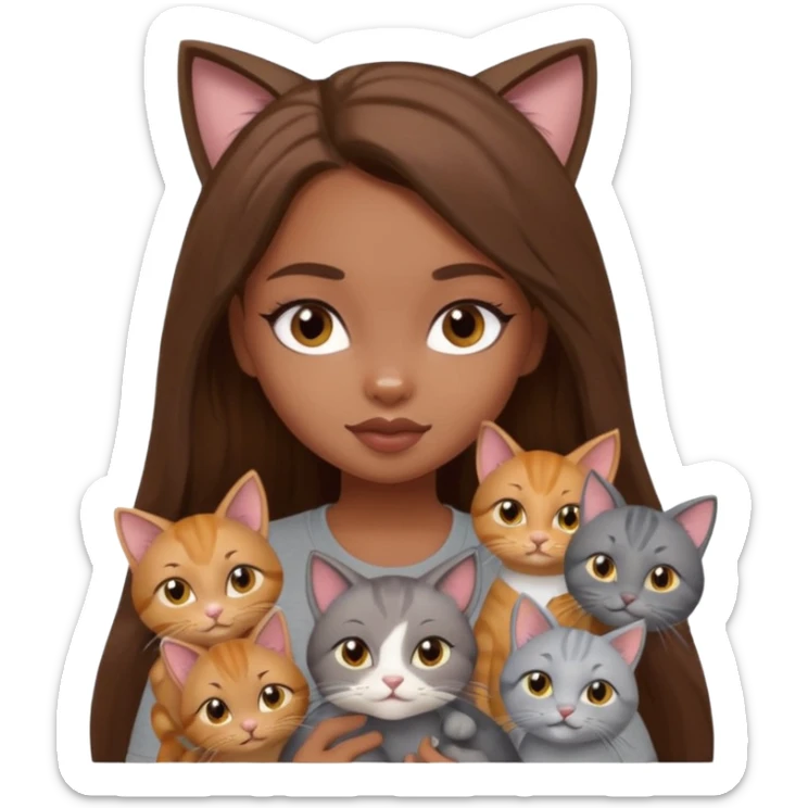 a pretty bratz dusky girl with long brown hair with six cats nd wearing a grey tshirt sticker