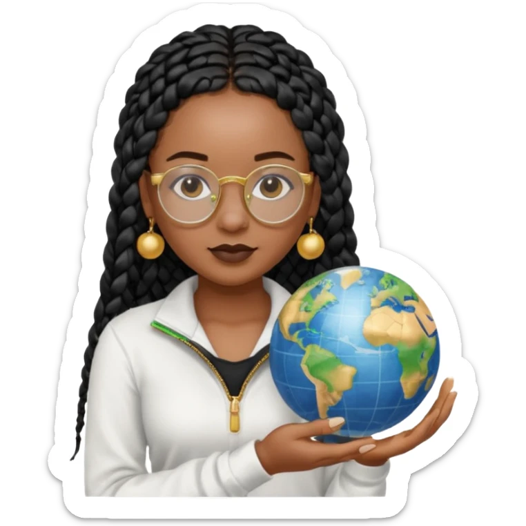 a young woman wearing fine gold round glasses and black hair in several box braids, no earrings, she has light black skin, and she's wearing a white shirt with a black quarterzip. She's holding a globe in one hand sticker