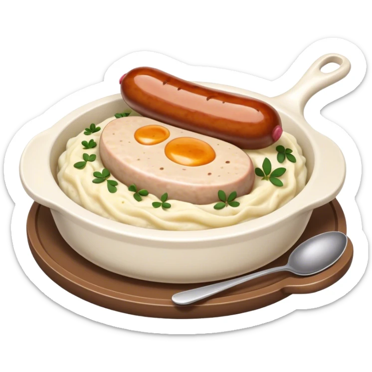Cinematic Realistic Bangers and Mash Dish Emoji, featuring succulent pork sausages paired with creamy mashed potatoes rendered with detailed textures and natural highlights that emphasize its robust, hearty flavor. sticker