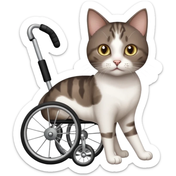 full body small short hair dark brown and white cat with hazel eyes walking in a wheelchair for cats sticker