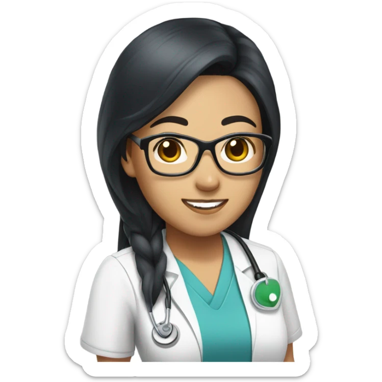 Asian nurse with long straight black hair and tan skin and clear glasses in scrubs sticker