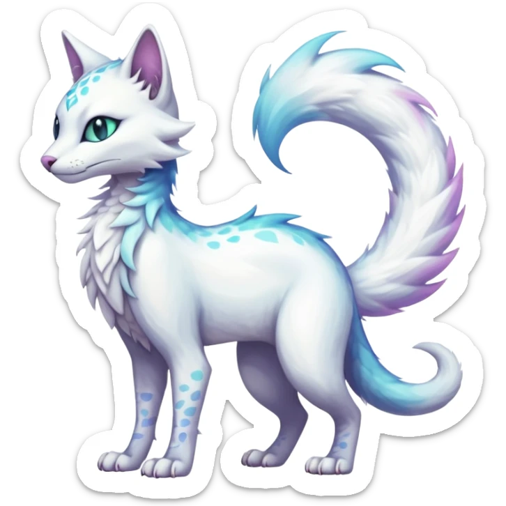 Kawaii white iridescent beautiful pretty elegant divine edgy fantasy feline-vernid-sergal-fursona animal creature with a tufted tail full body with intricate markings  sticker