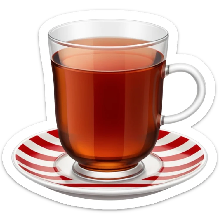 close-up of a Turkish tea glass filled with dark tea, on a white saucer with red stripes, side view, detailed, realistic sticker