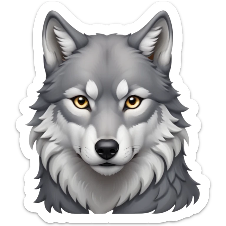 cinematic-noble-realistic-wolf-portrait-emoji,-poised-and-regal,-with-a-strong,-lean-build-and-a-sleek,-well-groomed-fur-of-grey-and-white,-deep-set-soulful-piercing-eyes,-simplified-yet-sharp-and-sophisticated-features,-highly-detailed, zoomed out showing shoulders sticker
