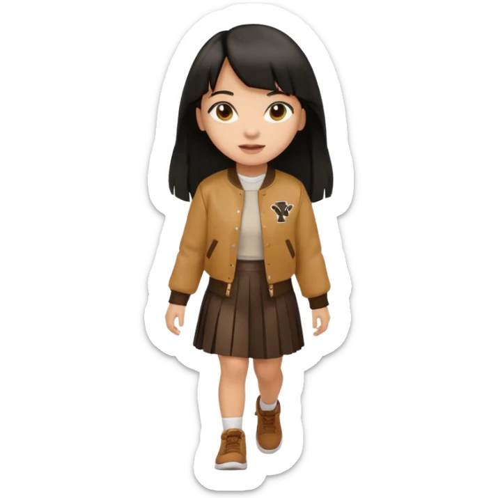 black color long hair with fringe, light skin long hair girl with brown varsity jacket and long skirt walking

 sticker