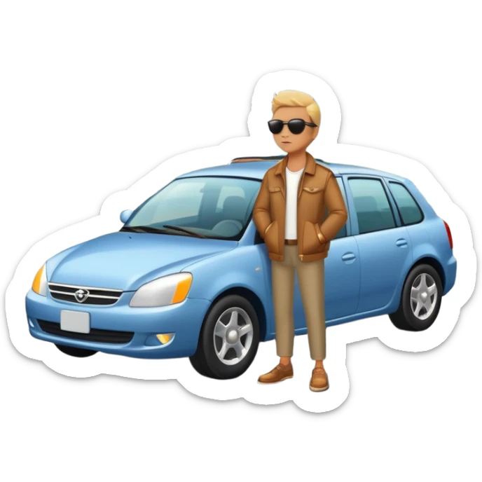 A person stands next to a car parked on the side of a long, open road. The sky ahead is clear and glowing, full of possibilities. One hand is on the steering wheel, the other points forward. The rearview mirror reflects storm clouds, but the windshield shows sunlit mountains ahead.  sticker