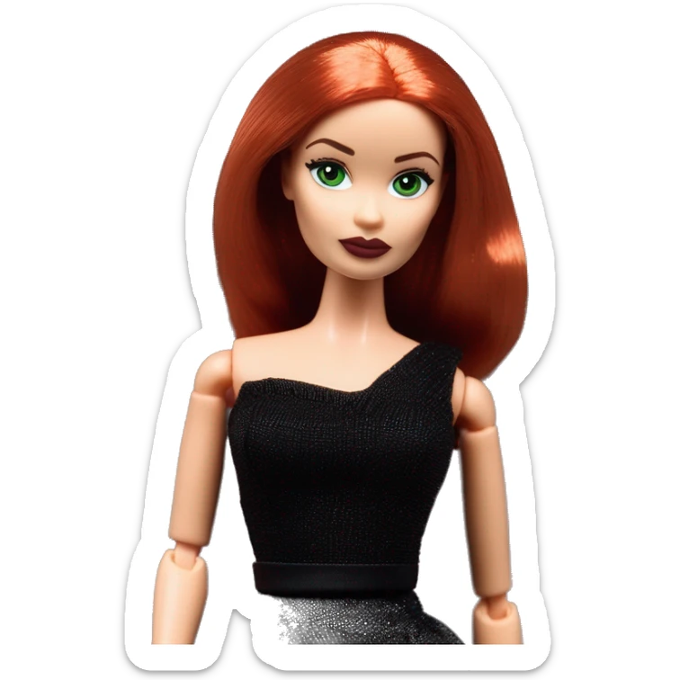  Wednesday Addams Barbie.  Small green eyes with light skin face. Earrings with matching necklaces Longer red hair. black flowing strapless tight evening gown neckline that’s off-the-shoulders shows her legs and black high heel shoes. sticker