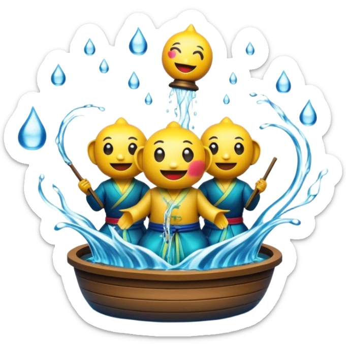 Cinematic Realistic Water Puppetry Pop Culture Emoji, depicted as a whimsical scene of traditional water puppetry rendered with dynamic textures and playful lighting. sticker