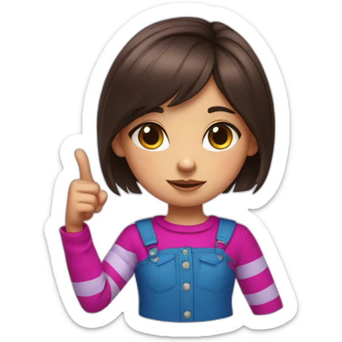 little girl with dark brown short hair wears striped blue and magenta shirt giving a thumbs down sticker