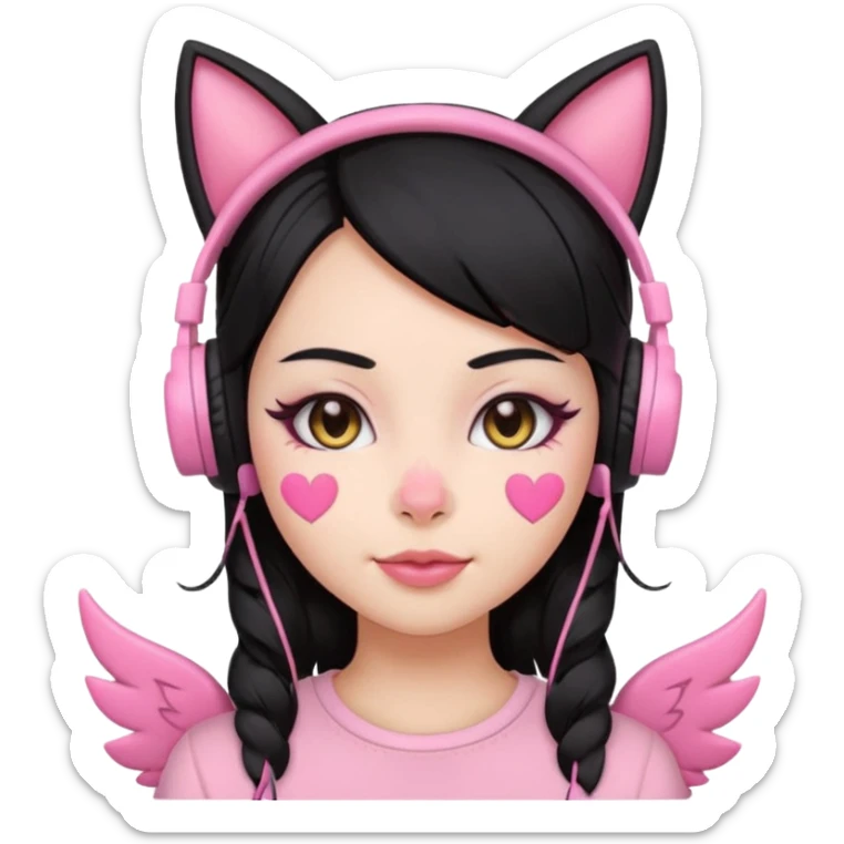 “Emoji girl, pastel pink streaks in black hair hair, bold winged eyeliner, heavy blush on cheeks and nose bridge, under-eye hearts, glossy pink lips, playful smirk and gaming headphones and cat ears.” sticker