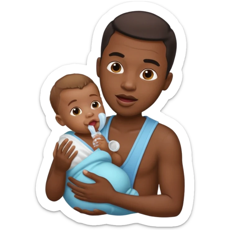 Black male licking his lips. He is holding a baby in one hand and baby oil in the other sticker
