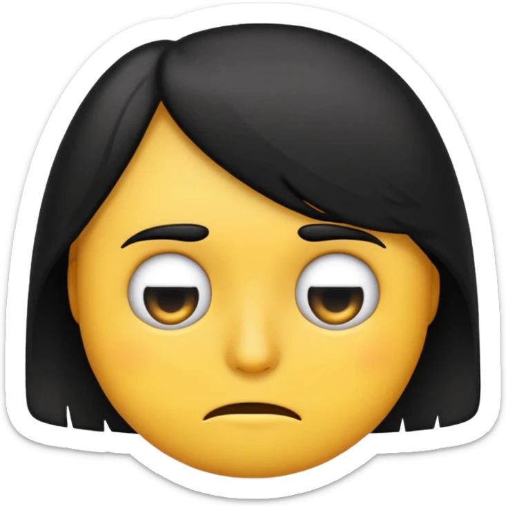 Emoji looking tired with underbags and a black side swoop shortish hair covering only one eye sticker