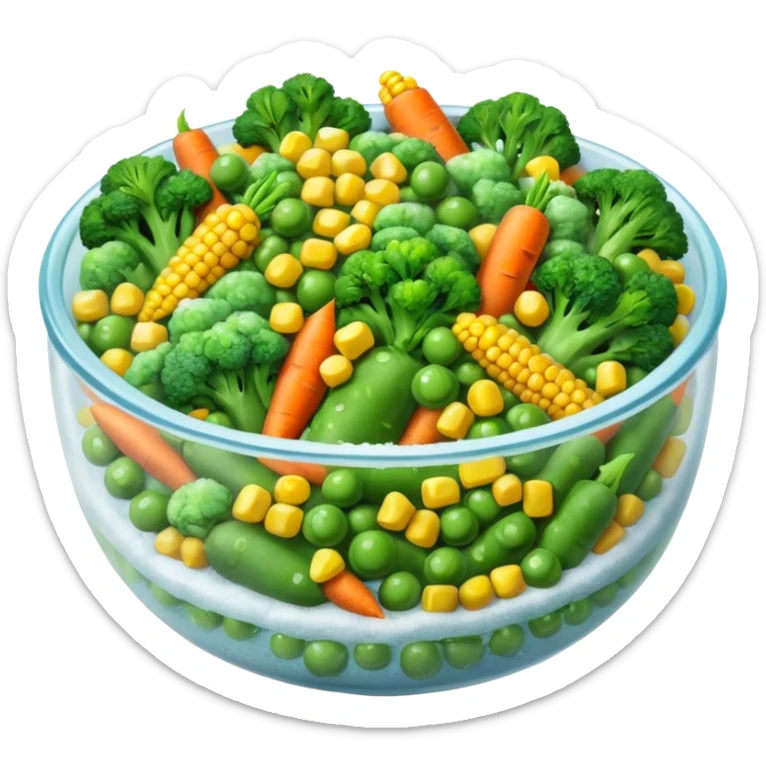 A close-up of a bowl filled with frozen mixed vegetables — peas, carrots, corn, and broccoli — covered with a light layer of frost. The colors are bright but slightly muted from freezing. Natural lighting, high-detail macro food photo. sticker
