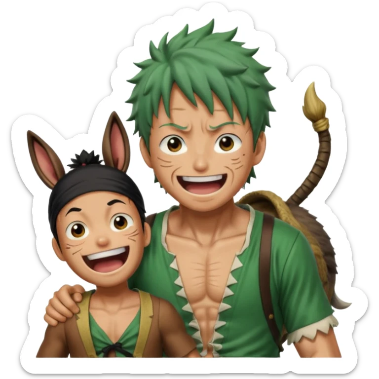 Luffy is riding on Zoro's back, and Zoro looks hilariously like the donkey. Zoro looks angry, and Luffy is laughing. The whole scene is very funny. sticker