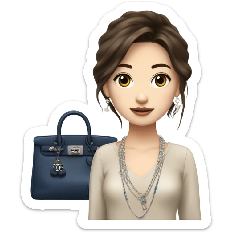 Realistic brown hair blue eyes Chanel Asian Girl with Birkin bag and Chanel necklace sticker