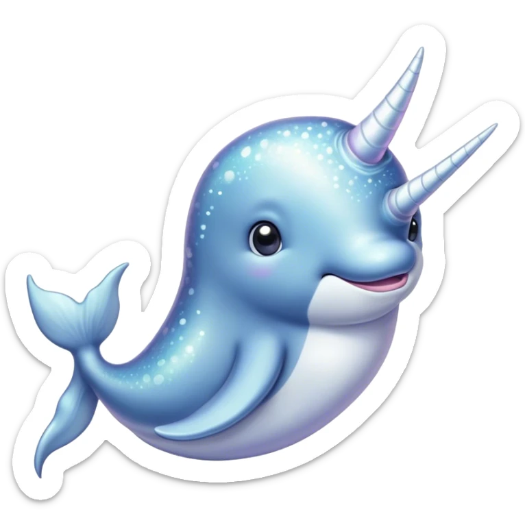 Cinematic Cute Cute Narwhal Portrait Emoji, Head tilted playfully and inquisitively, featuring a charming, sleek body with softly iridescent skin, a prominently spiraled tusk and large, twinkling eyes full of gentle wonder, Simplified yet irresistibly adorable features, highly detailed, glowing with a warm, inviting ocean glow, high shine, affectionate and lively, stylized with a touch of magical sea whimsy, soft glowing outline, capturing the essence of a mischievous yet endearing cute narwhal that seems as if it could frolic out of the screen into your heart! sticker