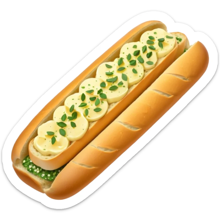 Garlic bread baguette with the first slice visible with butter and herbs sprinkled on it sticker