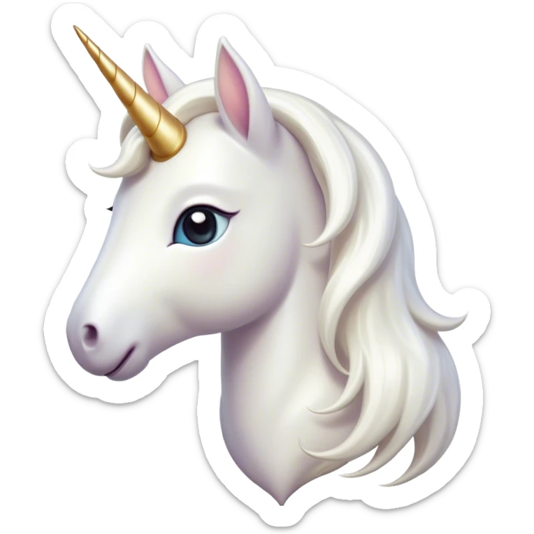 Cinematic Cute White Unicorn Portrait Emoji, Head tilted playfully and inquisitively, featuring a charming, petite form with a silky white color, a delicately flowing mane and tail, and a tiny, sparkling horn, with large, dreamy eyes full of wonder, Simplified yet irresistibly adorable features, highly detailed, glowing with a warm, enchanting glow, high shine, affectionate and lively, stylized with a touch of fairy-tale whimsy, soft glowing outline, capturing the essence of a mischievous yet endearing white unicorn that seems as if it could gallop out of the screen into your heart! sticker