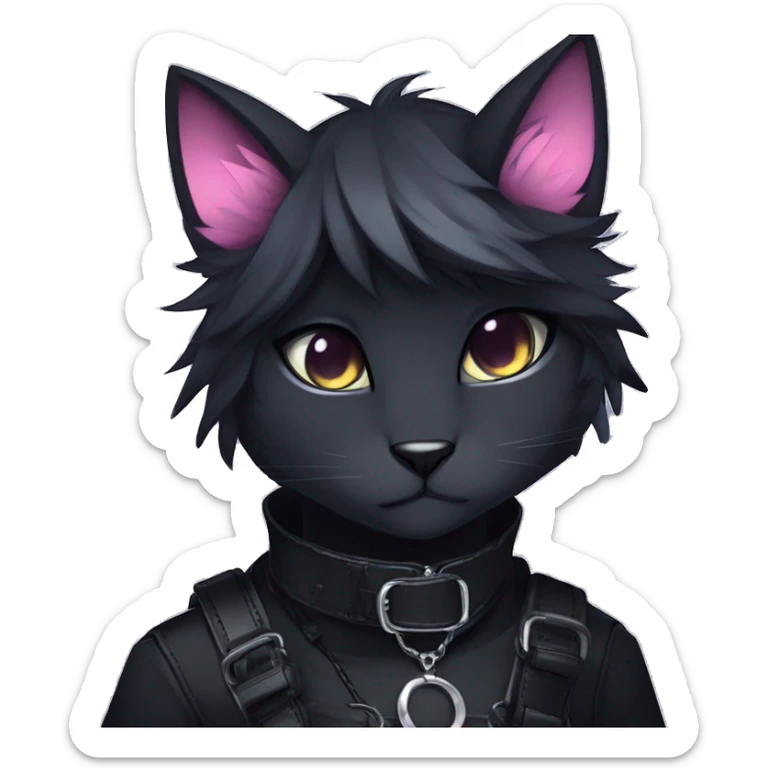 Gorgeous furry gothic dark techwear anime style anthro black cat furry sona Fakemon with blushing face aesthetic and pretty edgy black with collar and harness trending style sticker