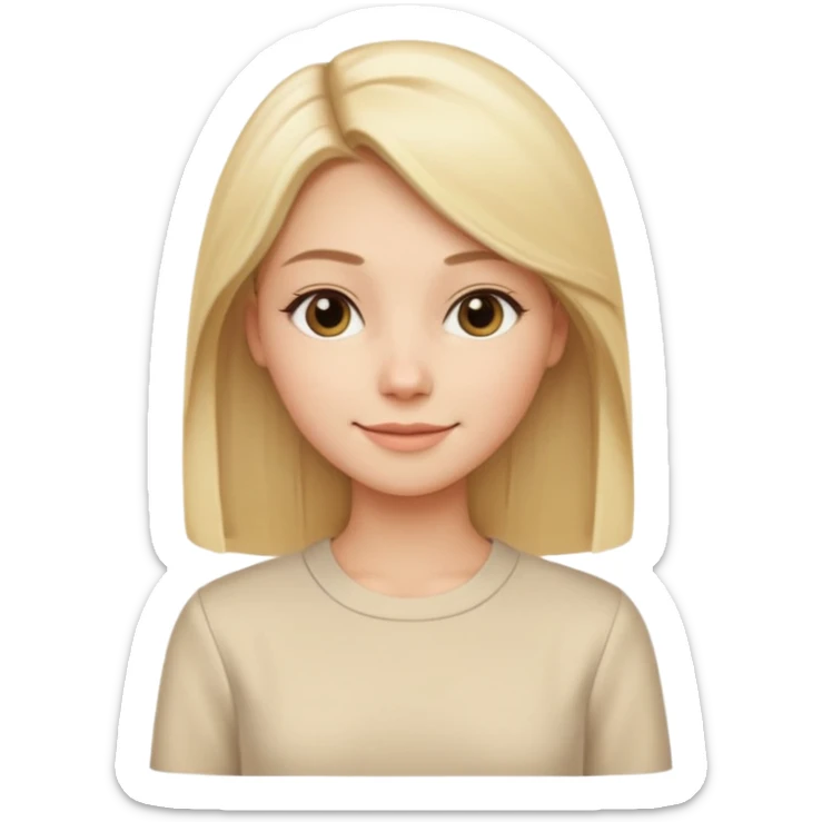 Cewe Kalem Kulit putih halus, rambut blonde panjang lurus rapi, belah samping. Pakai blouse beige terang atau cream soff sticker