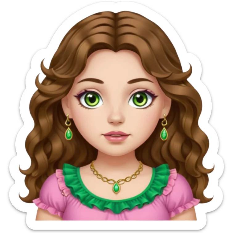 Girl long wavy brown hair with middle part. green gold eyes, plus size, pink frilly top,  gold nose ring. Long eyelashes. sticker