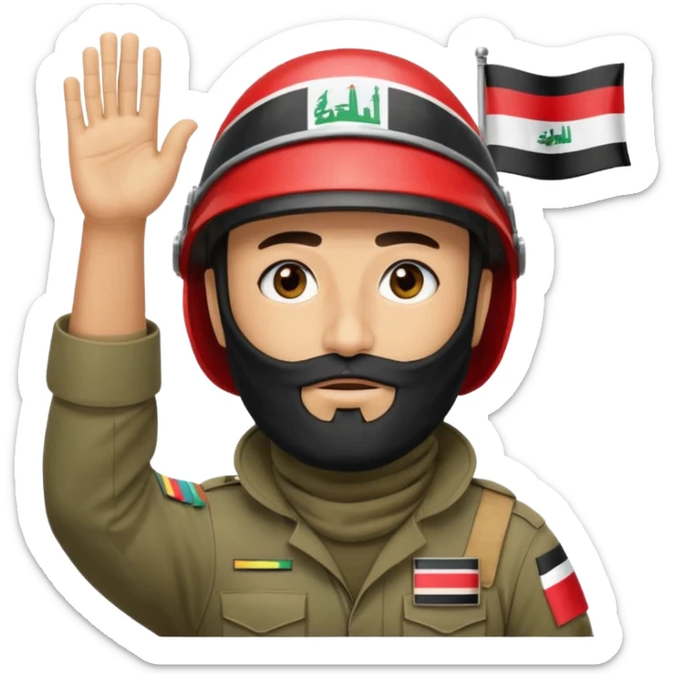 surrenders, depicts an Iraqi soldier from 1980, with a beard, in a helmet, a helmet with sign flag Iraq, with a balaclava, with sad eyes and both hands raised up sticker