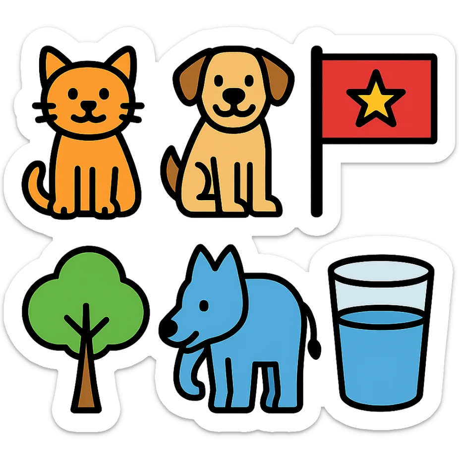 cat, dog, wolf, Vietnam flag, tree, elephant, and a glass all together in lineal color icon with black outlines style sticker