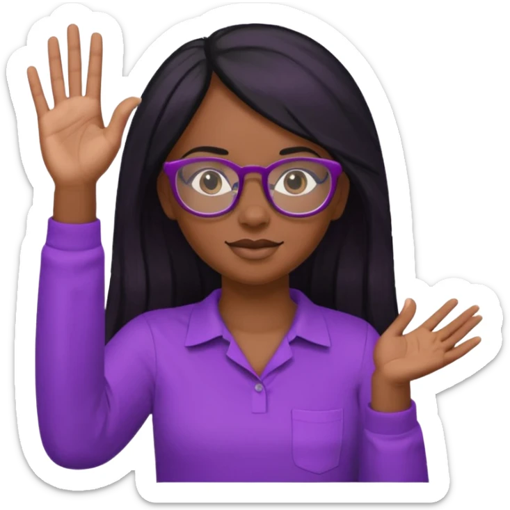 black girl raising her hand, wearing glasses and a purple shirt with long black hair sticker