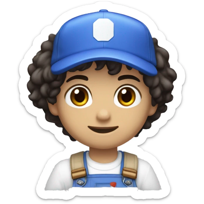 Black messy hair, white overalls, blue long sleeve shirt, Blue eyes, Brown shoes, white gloves, S in the blue cap logo, Smg4, Tan sticker