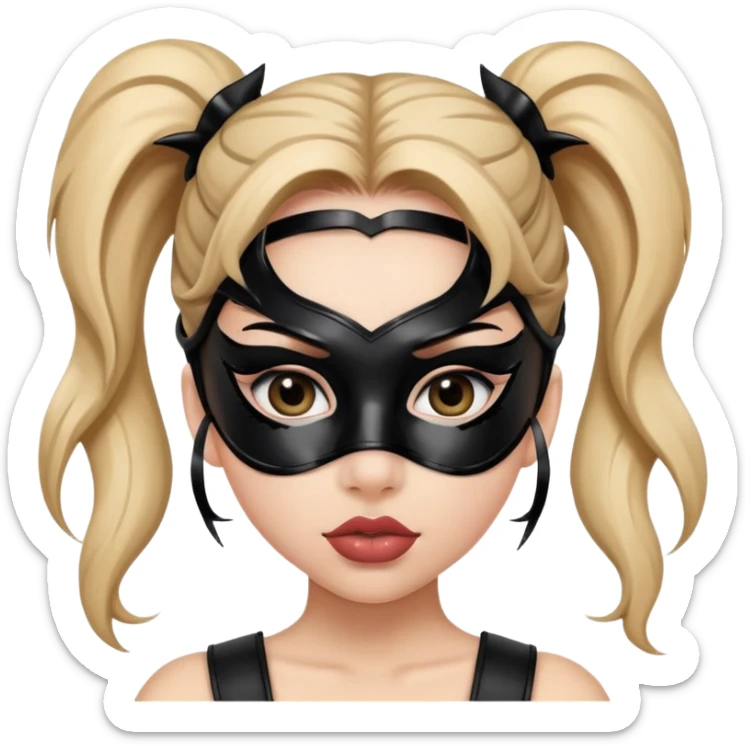 latex girl with big lips with two ponytails in a latex black mask, eyes with arrows and eyelashes sticker