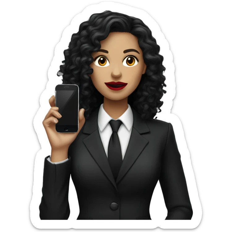 corporate white woman, red lipstick, long black curly hair, with a phone, black shirt, black blazer  sticker