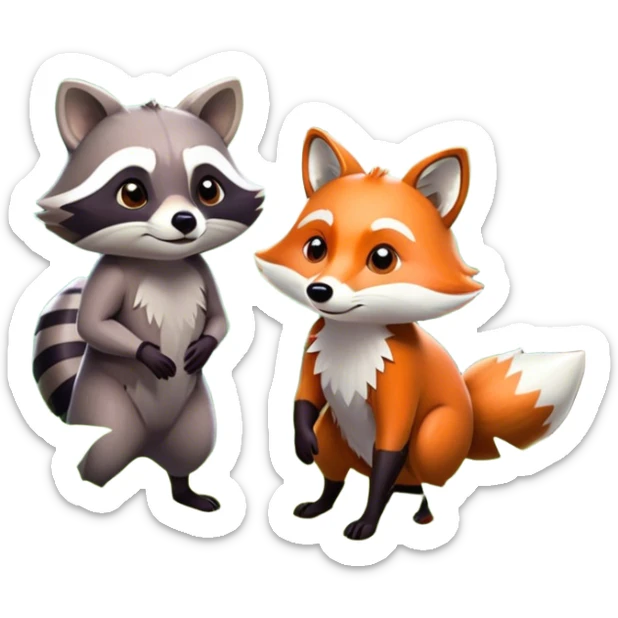 Collage of a raccoon and a fox, in close-up, set in a beautiful forest with tall trees, green bushes, and sunlight filtering through the leaves. Both animals look curious and playful. A vibrant, wild atmosphere with a transparent background. sticker
