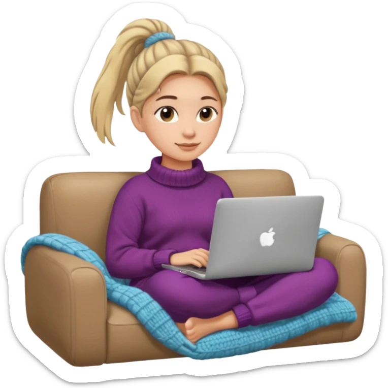 Cozy girl with ponytail on a cozy sofa with laptop on knees and a warm blanket, relaxed online shopping from home sticker