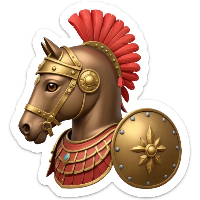 An emoji of a powerful Roman warhorse in full armor, with a feathered helmet. sticker