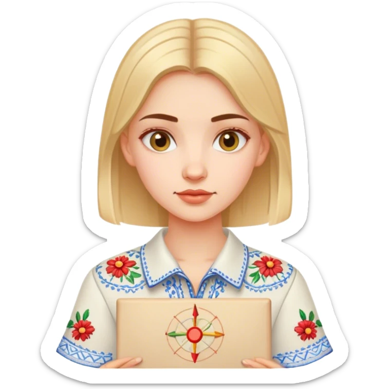 A Ukrainian girl in an embroidered shirt holds a diagram sticker
