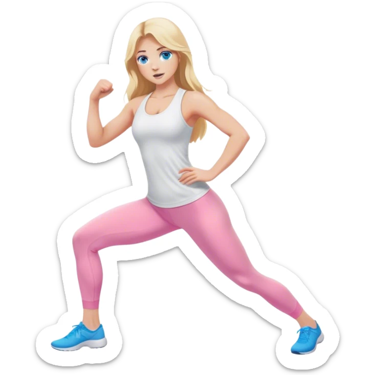 A cinematically realistic blonde with long hair and blue eyes, dressed in a white top and pink leggings, does a sports exercise called lunges sticker