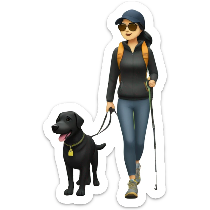 asian woman with black cap and sunglasses hiking with black lab dog sticker