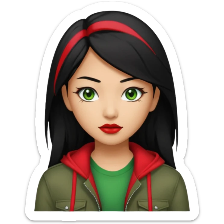 Asian-Latina woman with black hair with a red streak, green eyes, and an alternative/grunge style of clothing. sticker