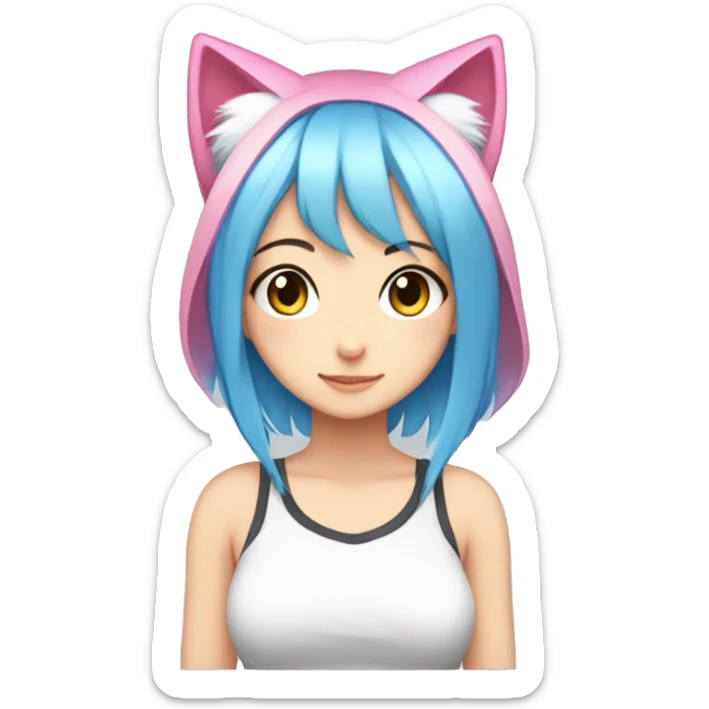 anime girl, cat ears, different eye colors, one white eye,  blue hair, pink hair sticker