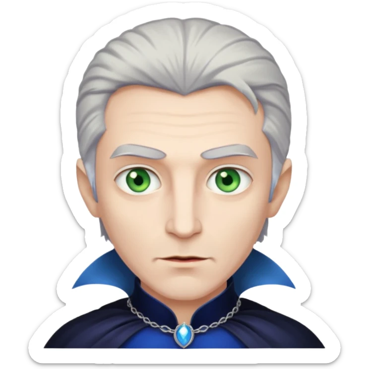 A tall vampire man with gray hair and blue eyes. A princess with light brown hair and green eyes sticker