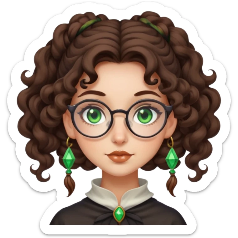 Witchy whimsical girl with brown curly long hair in a bun, square glasses and green eyes sticker