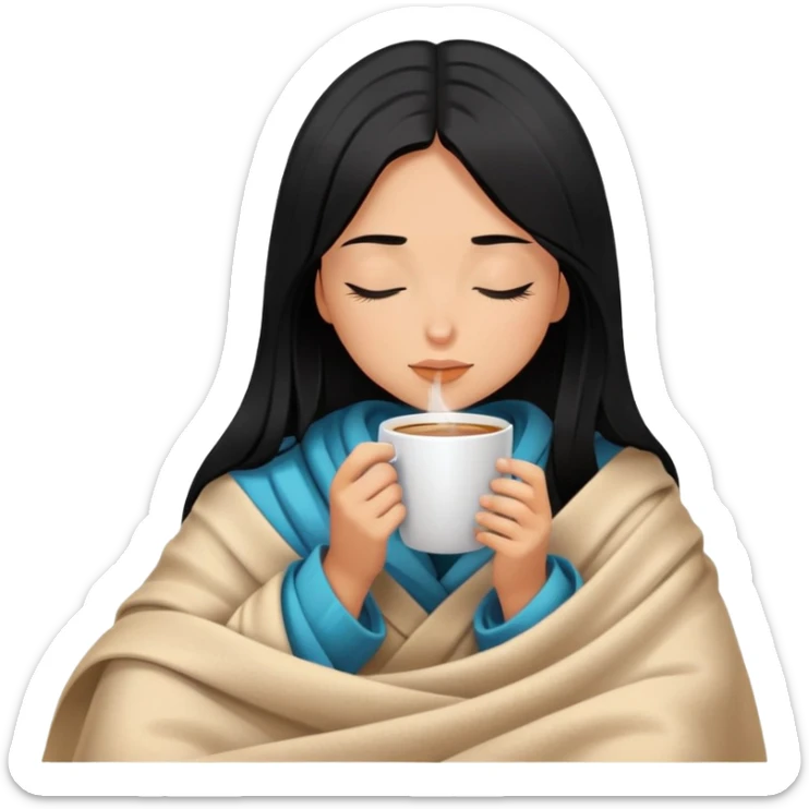 Black straight hair, tanned skin girl inside a blanket sipping coffee eyes closed sticker
