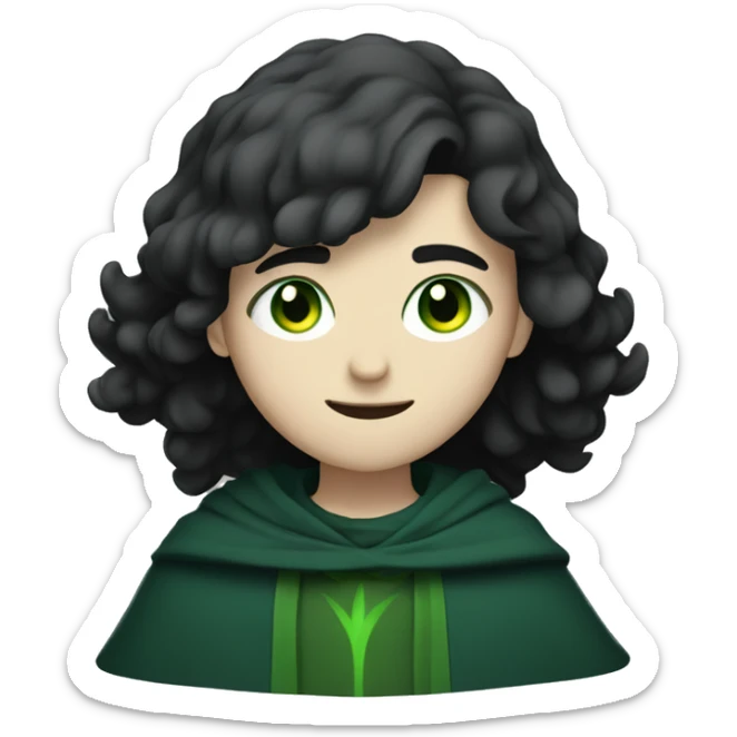 teenage white-skinned wizard with black hair, green eyes in dark green disguise sticker