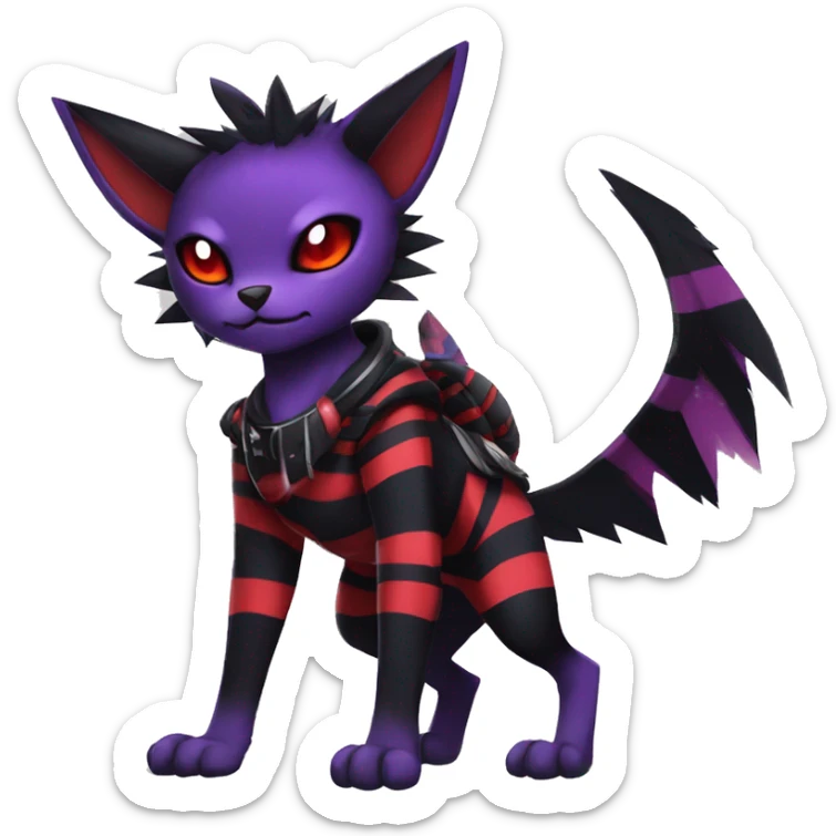 Black-Red-Purple Anthro Cool Punk Noibat-Litten-Fakemon-fursona with fangs and stripes Full Body sticker