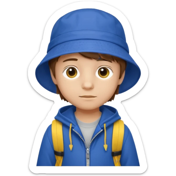 Little student, brown hair boy, wears blue bucket hat and jacket, yellow backpack, shy sticker